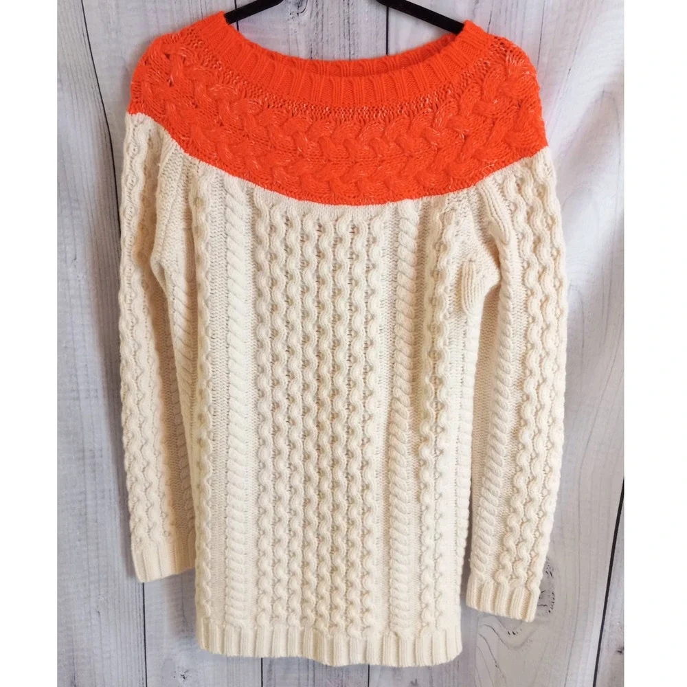 Boden | Wool Alpaca Mohair Cream & Neon Orange Cable-Knit Tunic Sweater UNIQUE - Picture 2 of 11